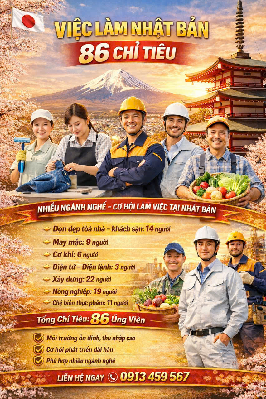 VIỆC LÀM NHẬT BẢN –THÁNG 4 – 86 CHỈ TIÊU